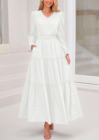 PRETTYGARDEN Women's Maxi Dress Casual Long Sleeve V Neck Smocked Waist Tiered Ruffle Flowy Cocktail Pocket Dresses in Saudi Arabia