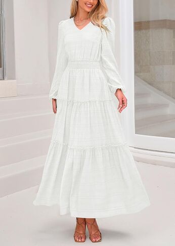 PRETTYGARDEN Women's Maxi Dress Casual Long Sleeve V Neck Smocked Waist Tiered Ruffle Flowy Cocktail Pocket Dresses in Saudi Arabia