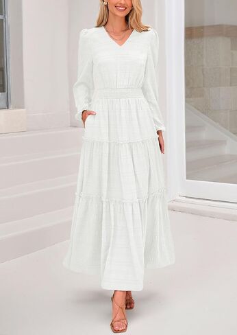 PRETTYGARDEN Women's Maxi Dress Casual Long Sleeve V Neck Smocked Waist Tiered Ruffle Flowy Cocktail Pocket Dresses in Saudi Arabia