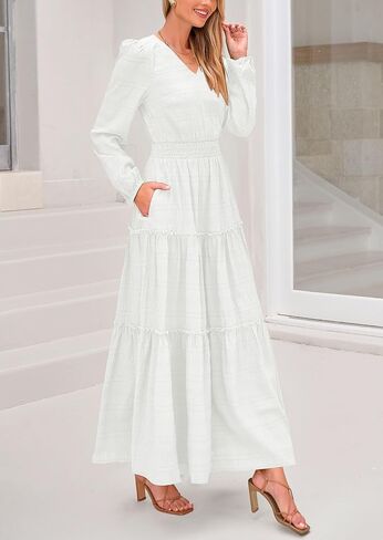 PRETTYGARDEN Women's Maxi Dress Casual Long Sleeve V Neck Smocked Waist Tiered Ruffle Flowy Cocktail Pocket Dresses in Saudi Arabia