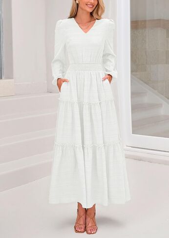 PRETTYGARDEN Women's Maxi Dress Casual Long Sleeve V Neck Smocked Waist Tiered Ruffle Flowy Cocktail Pocket Dresses in Saudi Arabia