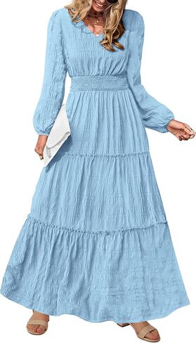 PRETTYGARDEN Women's Maxi Dress Casual Long Sleeve V Neck Smocked Waist Tiered Ruffle Flowy Cocktail Pocket Dresses in Saudi Arabia