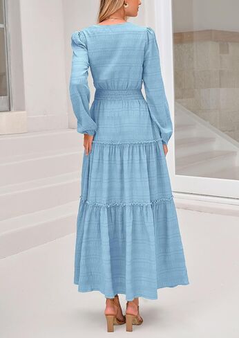 PRETTYGARDEN Women's Maxi Dress Casual Long Sleeve V Neck Smocked Waist Tiered Ruffle Flowy Cocktail Pocket Dresses in Saudi Arabia