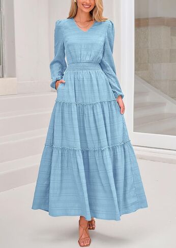PRETTYGARDEN Women's Maxi Dress Casual Long Sleeve V Neck Smocked Waist Tiered Ruffle Flowy Cocktail Pocket Dresses in Saudi Arabia