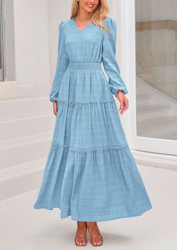 PRETTYGARDEN Women's Maxi Dress Casual Long Sleeve V Neck Smocked Waist Tiered Ruffle Flowy Cocktail Pocket Dresses in Saudi Arabia
