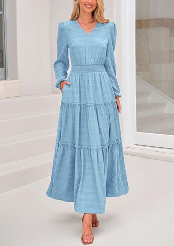 PRETTYGARDEN Women's Maxi Dress Casual Long Sleeve V Neck Smocked Waist Tiered Ruffle Flowy Cocktail Pocket Dresses in Saudi Arabia