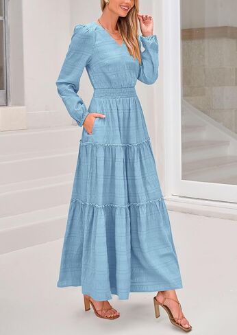 PRETTYGARDEN Women's Maxi Dress Casual Long Sleeve V Neck Smocked Waist Tiered Ruffle Flowy Cocktail Pocket Dresses in Saudi Arabia
