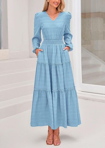 PRETTYGARDEN Women's Maxi Dress Casual Long Sleeve V Neck Smocked Waist Tiered Ruffle Flowy Cocktail Pocket Dresses in Saudi Arabia