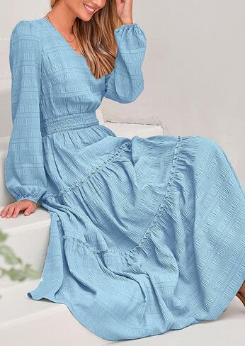 PRETTYGARDEN Women's Maxi Dress Casual Long Sleeve V Neck Smocked Waist Tiered Ruffle Flowy Cocktail Pocket Dresses in Saudi Arabia