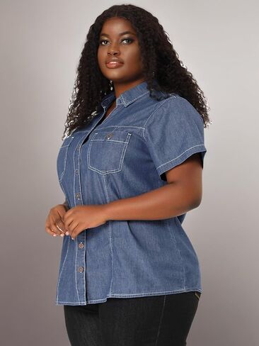 Agnes Orinda Plus Size Denim Shirt for Women Short Sleeve Chest Pocket Button Down Chambray Shirts in Saudi Arabia