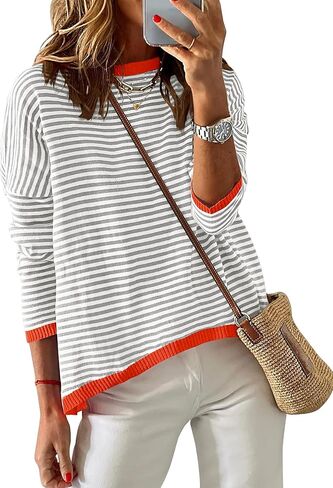 ZESICA Womens Spring Striped Sweaters Long Sleeve Crew Neck Shirts Color Block Lightweight Pullover Tops in Saudi Arabia
