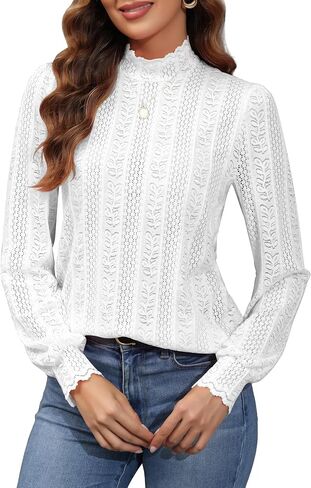 Micoson Women Lace Shirts Mock Neck Long Sleeve Top Casual Blouses Stretch Lace Slim T Shirt Dressy Blouse Tunic Tops in Kuwait