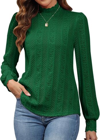 Micoson Women Lace Shirts Mock Neck Long Sleeve Top Casual Blouses Stretch Lace Slim T Shirt Dressy Blouse Tunic Tops in Kuwait