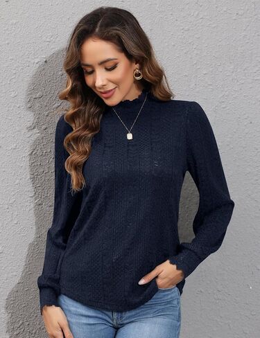 Micoson Women Lace Shirts Mock Neck Long Sleeve Top Casual Blouses Stretch Lace Slim T Shirt Dressy Blouse Tunic Tops in Kuwait