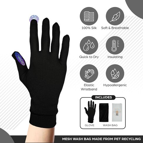 Pure Silk Glove Liners | Soft & Comfortable | Inner Thermal Touchscreen Gloves | Natural Wear | Unisex | Wash Bag Included (Jet Black, Small, 2 Pack) in Saudi Arabia