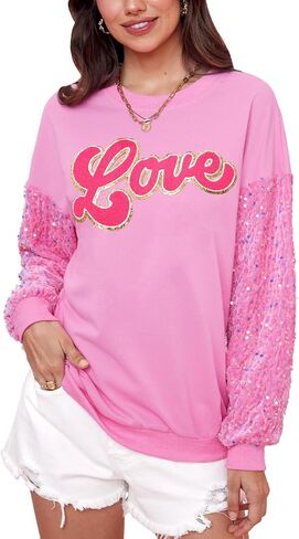 For G and PL Women's Valentine's Day Love Heart Graphic Sweatshirt Cute Pink Sequin Long Sleeve Shirt in Saudi Arabia