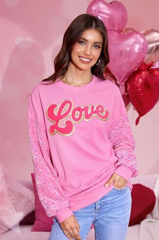 For G and PL Women's Valentine's Day Love Heart Graphic Sweatshirt Cute Pink Sequin Long Sleeve Shirt in Saudi Arabia
