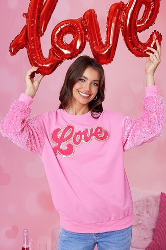 For G and PL Women's Valentine's Day Love Heart Graphic Sweatshirt Cute Pink Sequin Long Sleeve Shirt in Saudi Arabia