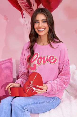 For G and PL Women's Valentine's Day Love Heart Graphic Sweatshirt Cute Pink Sequin Long Sleeve Shirt in Saudi Arabia