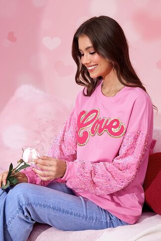 For G and PL Women's Valentine's Day Love Heart Graphic Sweatshirt Cute Pink Sequin Long Sleeve Shirt in Saudi Arabia