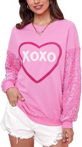 For G and PL Women's Valentine's Day Love Heart Graphic Sweatshirt Cute Pink Sequin Long Sleeve Shirt in Saudi Arabia