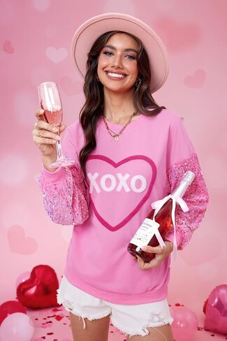 For G and PL Women's Valentine's Day Love Heart Graphic Sweatshirt Cute Pink Sequin Long Sleeve Shirt in Saudi Arabia