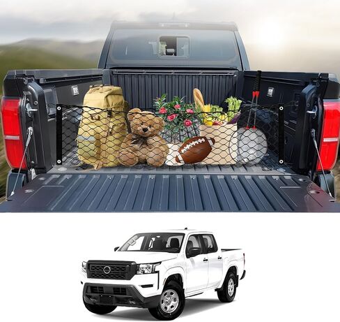 Karltys Envelope Style Truck Bed Cargo Net لنيسان فرونتير 2022-2024 2025، مرنة للغاية وشديدة التحمل للشاحنة بيك اب فرونتير شبكة سرير مقسم شبكة نايلون منظم تخزين شبكي مع خطافات معدنية in Kuwait