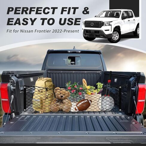 Karltys Envelope Style Truck Bed Cargo Net لنيسان فرونتير 2022-2024 2025، مرنة للغاية وشديدة التحمل للشاحنة بيك اب فرونتير شبكة سرير مقسم شبكة نايلون منظم تخزين شبكي مع خطافات معدنية in Kuwait