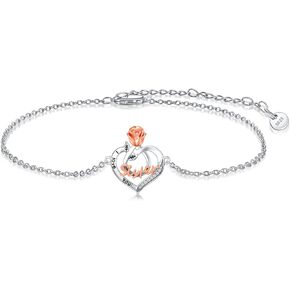 POPKIMI Bracelet Gifts for Mom/Daughter /Grandma Nana/Sister 925 Sterling Silver Birthday Bracelet Jewelry I Love You Mom/Grandma Nana/Daughter/Sister Bracelet Rose Flower Love Heart Bracelet for Women