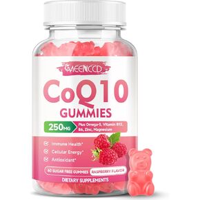 Sugar-Free CoQ10 Gummies 250mg, Coenzyme Q10 Supplements Plus Omega-3, Vitamin B6 & Zinc, High Absorption CoQ10 Supplement for Cellular Energy & Antioxidant Support, Raspberry Flavor, Vegan 60Cts