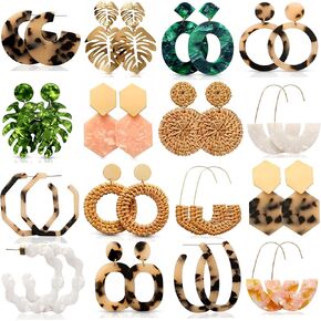 16 Pairs Trendy Acrylic Rattan Earrings for Women-Fashion Statement Earrings Boho Drop Dangle Christmas Earrings for Women Jewelry Set