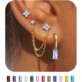 Gold Chain Stud Earrings for Women Trendy Minimalist 14K Gold Small Huggie Hoop Birthstone Earring Sets for Multiple Piercing Hypoallergenic Earring Stacks