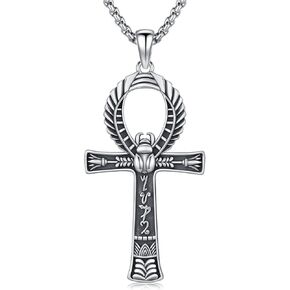 Ankh Necklace for Men 925 Sterling Silver Embossed Scarabs Ankh Cross Necklace with 24" Chain Vintage Jesus Christ Pendant Faith Jewelry Gifts for Birthday Valentines Day
