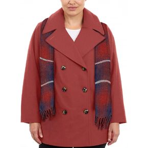 London Fog Women's Plus Size Double-Breasted Peacoat with Scarf, Umber, 2X