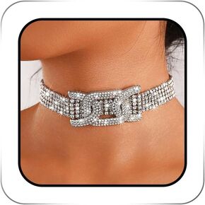 Rhinestone Row Choker Necklace Jewelry Silver Sparkly Crystal Chokers Chain Party Prom Neck Accessories for Women