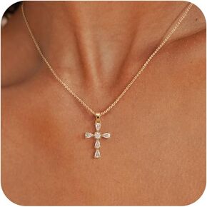Cross Necklace for Women,Double Cross Necklace Gold Plated Cross Necklaces for Women Trendy Dainty 14K Gold Cross Pendant Necklace Simple Cute Choker Necklace Gold Charm Necklace for Women Jewelry