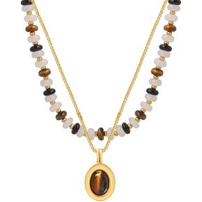 Bohemian Earthy Bead Choker | Layered Beaded Necklaces for Women | Stone Pendant Tiger Eye Gold Brown Boho Strand Statement | Beach Jewelry Gift