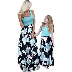 YMING Mommy and Daughter Matching Dresses Parent Child Sleeveless Outfits Floral Printed Dress