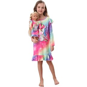 Bow Dream Toddler Girl Dress Cute and Matching American Girl Doll Clothes for Girls Cartoon Pattern Long Sleeve Dress