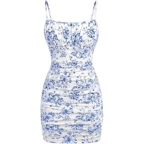 Milumia Girl's Floral Print Ruched Bust Spaghetti Straps Bodycon Cami Dress