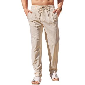 Beotyshow Mens Linen Pants Elastic Waist Drawstring Casual Pants Relaxed Fit Summer Beach Yoga Lightweight Pants
