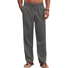 COOFANDY Mens Casual Elastic Waist Pants Drawstring Summer Beach Pant Lightweight Stretch Linen Trouser