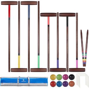 8 Players Croquet Set with 32In Regulation | 28In Standard Size Rubber Wood Mallets, Colored PE Ball, Wickets, 21In End Stakes - Lawn Backyard Game Set for Teens/Adults/Family