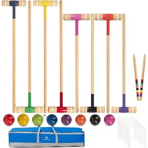 8 Players Croquet Set with 32In Regulation | 28In Standard Size Rubber Wood Mallets, Colored PE Ball, Wickets, 21In End Stakes - Lawn Backyard Game Set for Teens/Adults/Family