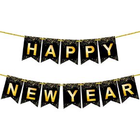 KatchOn, Gold and Black Happy New Year Banner - 10 Feet | Glitter Happy New Year Backdrop, New Years Eve Party Supplies 2025 | Happy New Year Sign, Happy New Year Decorations 2025 | NYE Decorations