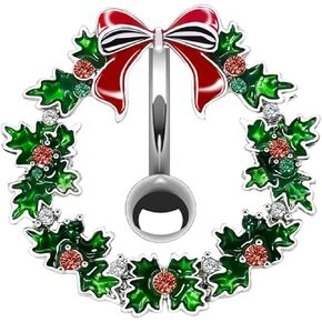14G Stainless Steel Christmas Wreath Belly Button Rings Christmas CZ Belly Button Barbell Rings Body Piercing Jewelry for Women