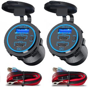 96W USB 12V Outlet 3 Port (with 2 Type c Cable): Multi USB C Car Charger Adapter Dual PD30W & QC3.0 Auto Cigarette Lighter Socket 12 Volt with Voltmeter Power Switch for Marine RV Boat Motorcycle ATV