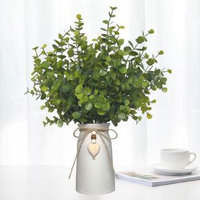 Artificial Eucalyptus Plant in Ceramic Vase with Heart Charm Décor, Realistic Greenery for Home and Office Décor, Modern Rustic Design, White Vase