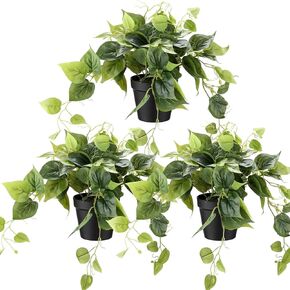 Jexine 3 Packs Fake Plants Fake Pothos Artificial Scindapsus Aureus in Pot Artificial Trailing Ivy Plant Green Realistic Faux Plants Indoor Greenery Decor for Home Office Room Garden (8 Inch)
