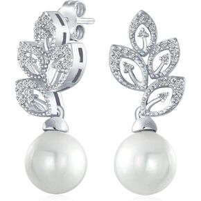 Classic Vintage Style Cocktail Bridal Wedding Party Halo Leaf AAA CZ Marquise White Simulated Pearl Stud Earrings For Women For Wedding Omega Back Silver Plated